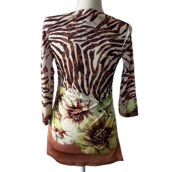 Cache White Brown Animal Stripe Floral Beaded Ruched Y2K Jersey SZ S - Picture 2 of 14